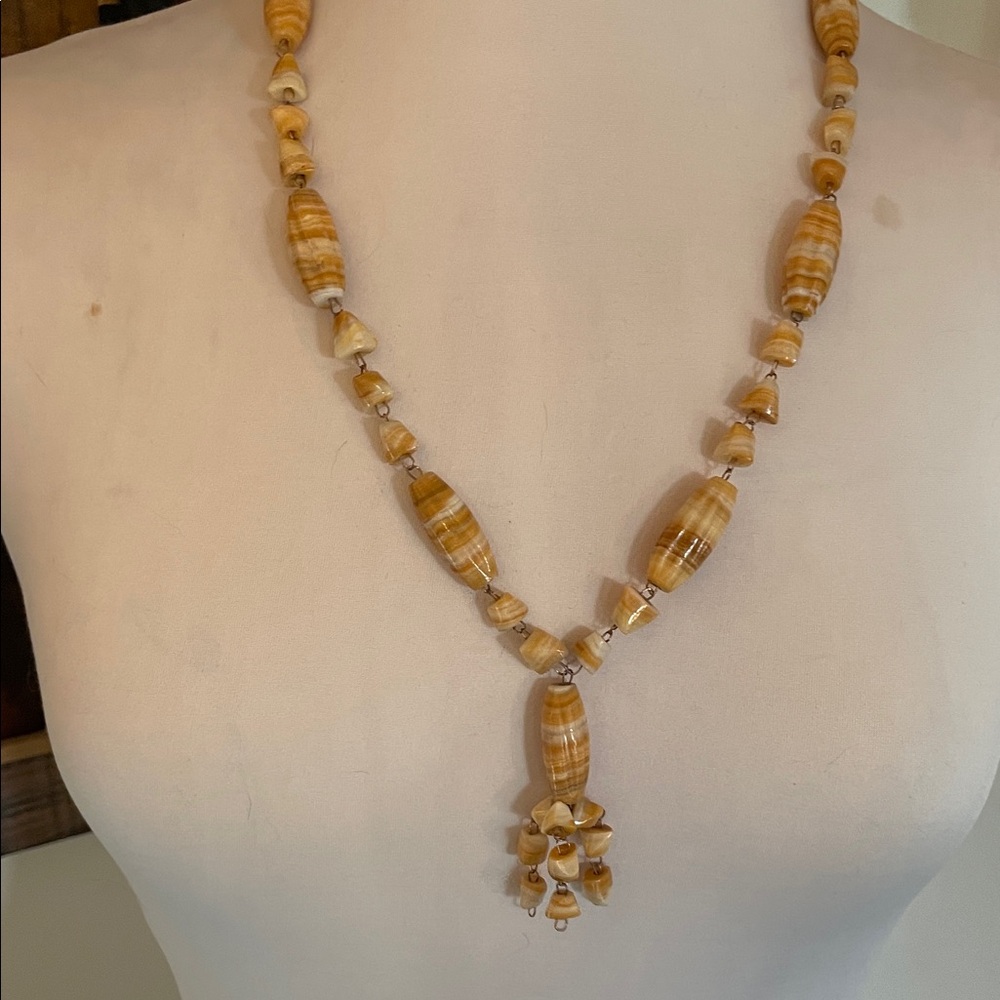 Vintage Banded Agate Beads Hand Carved & Wired Pendent Necklace